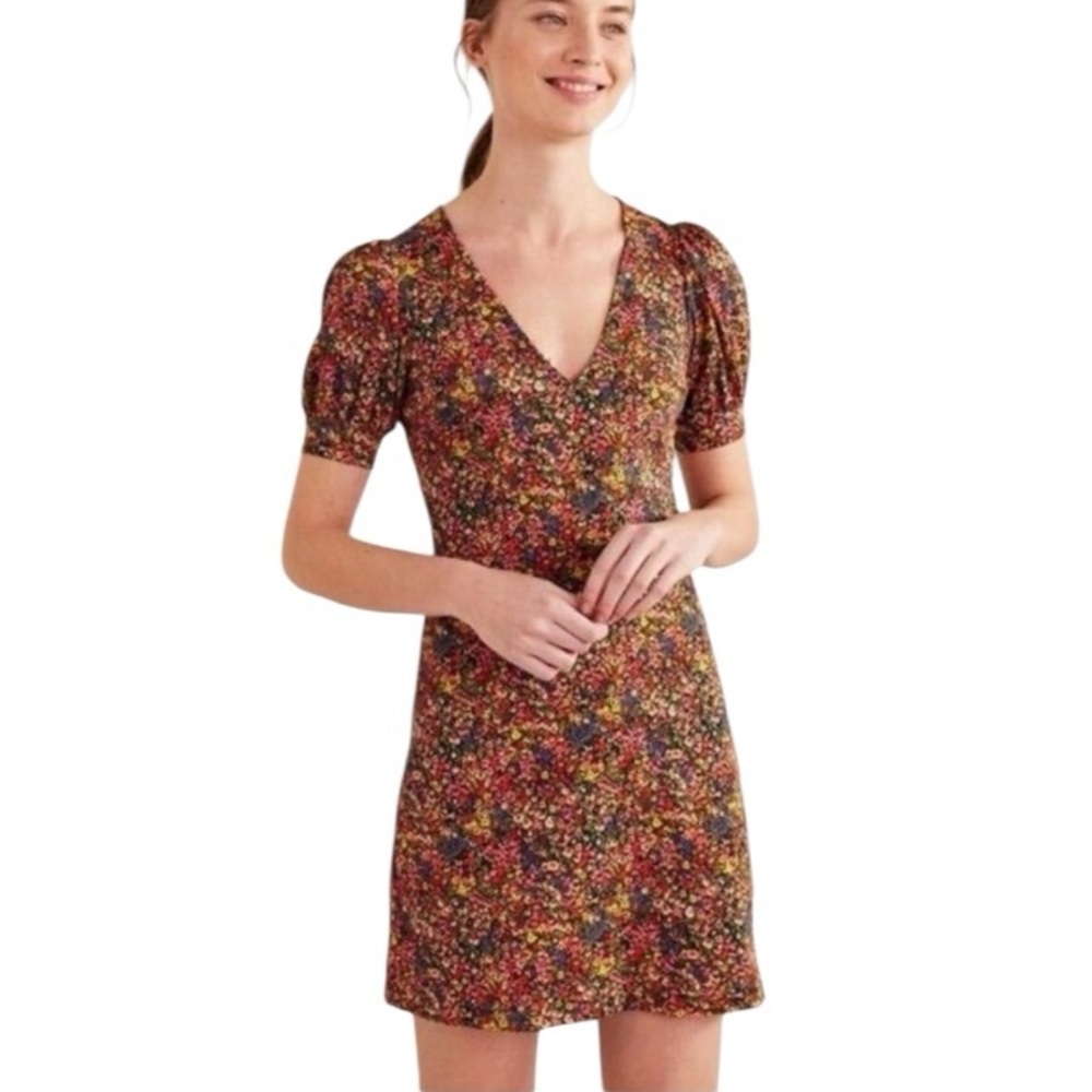 Boden Puff Short Sleeve V-Neckline Floral Lightweight Mini Cotton Dress